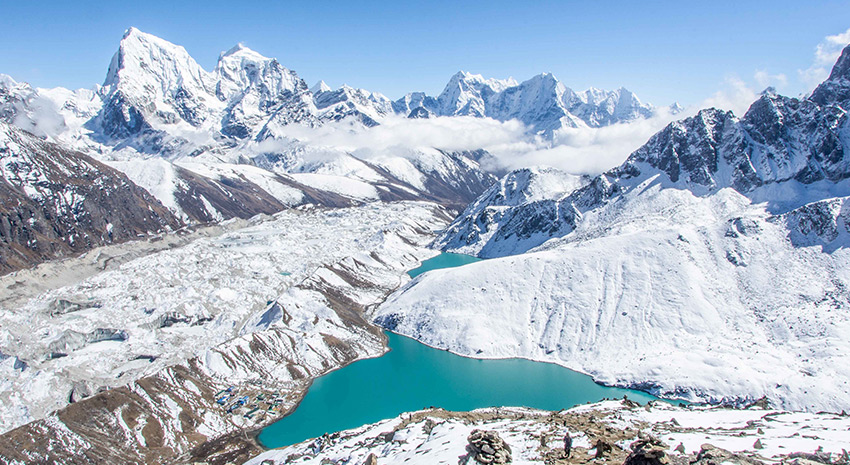 View of Everest Region from the summit of Gokyo Ri mountain along our Everest Base Camp trek